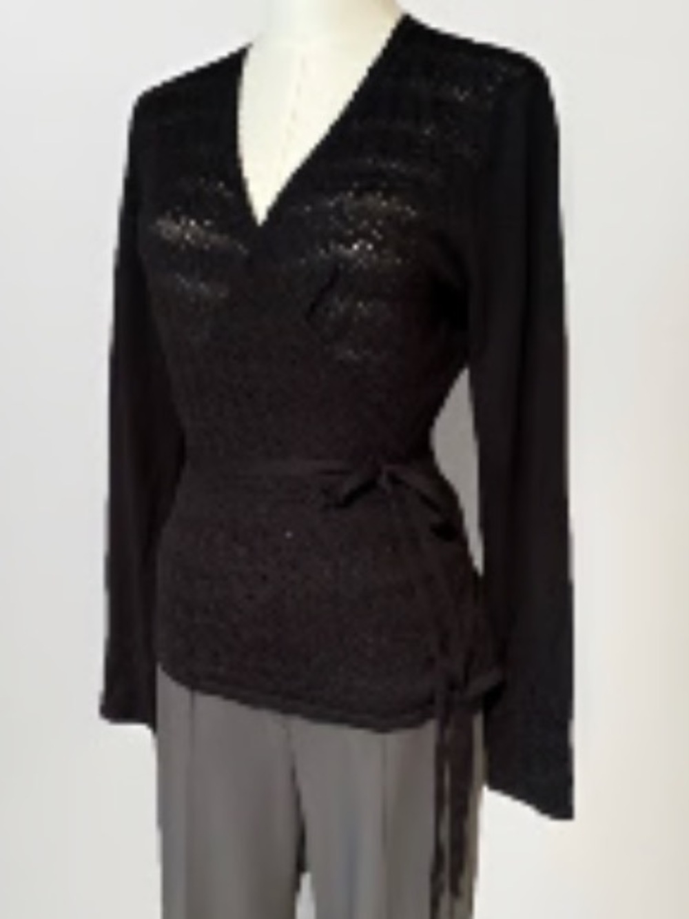 Company Ellen Tracy Silk front-tie wrap cardigan Black Medium - Picture 3 of 9